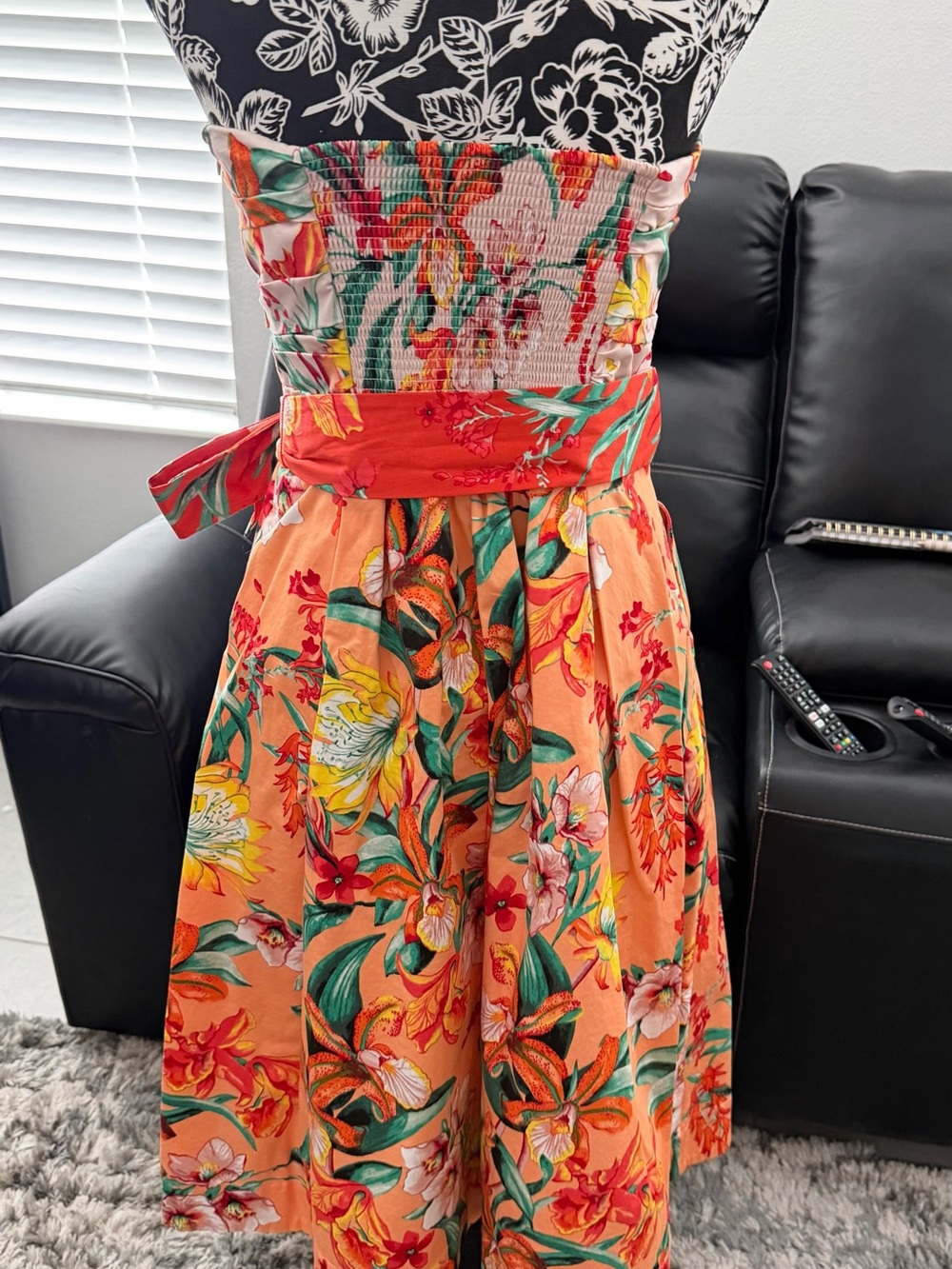 White House Black Market Orange/Cream Smocked Floral Dress w/removable straps - Picture 2 of 12